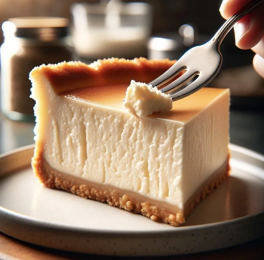 Close-up of a New York Cheesecake slice on a plate with a fork taking a bite, showcasing creamy texture