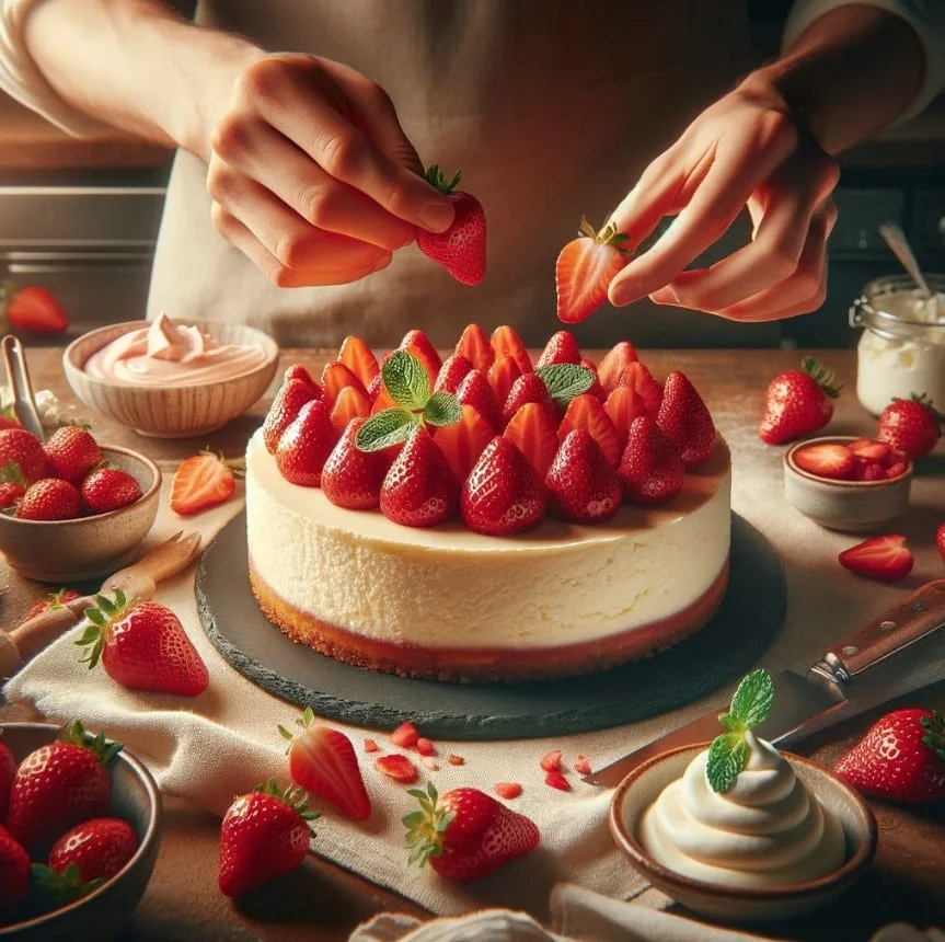 Baker's hands artfully placing strawberries on a Strawberry Cheesecake in a warm, inviting kitchen