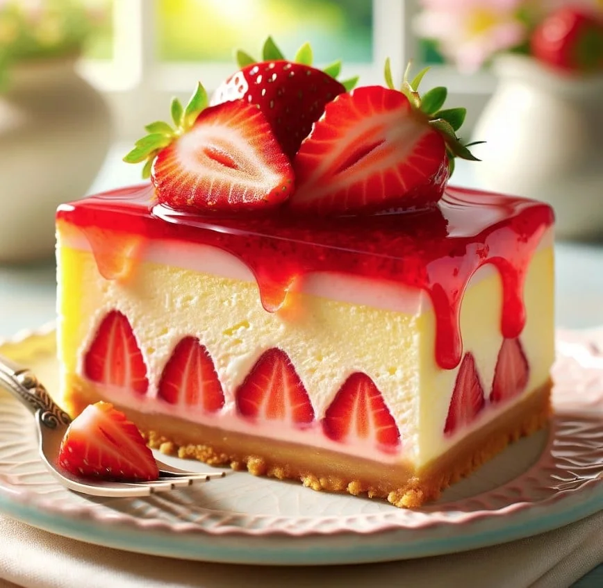 Close-up of a slice of Strawberry Cheesecake with luscious layers and glazed strawberries on top