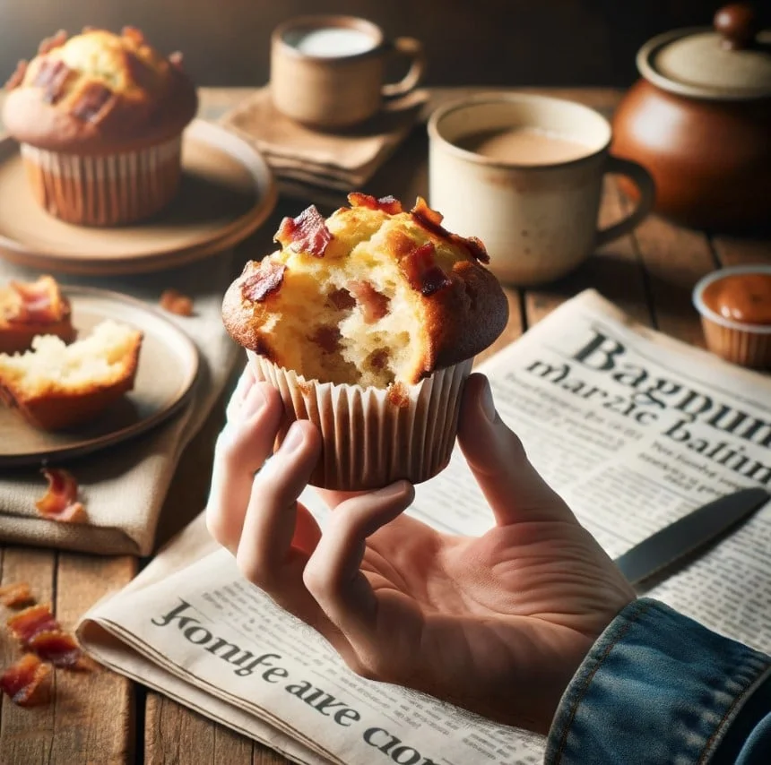 Hand holding Maple Bacon Muffin with a bite taken