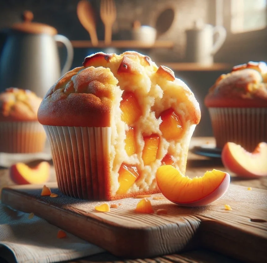 Peach Cobbler Muffin halved to show moist interior, resting on a wooden board