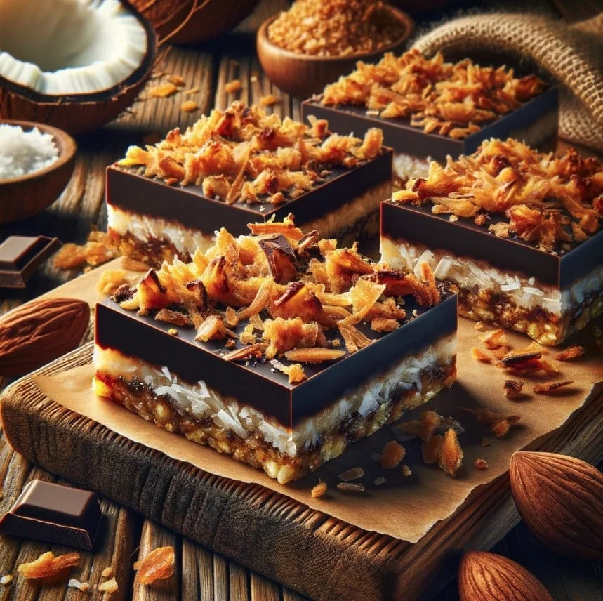 Coconut chocolate bars on a wooden board with almond decor
