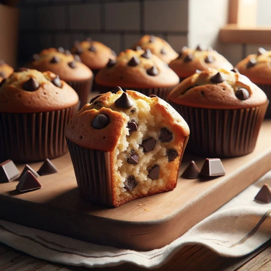 A golden-brown chocolate chip muffin cut open to show its chocolate-filled interior on a wooden board