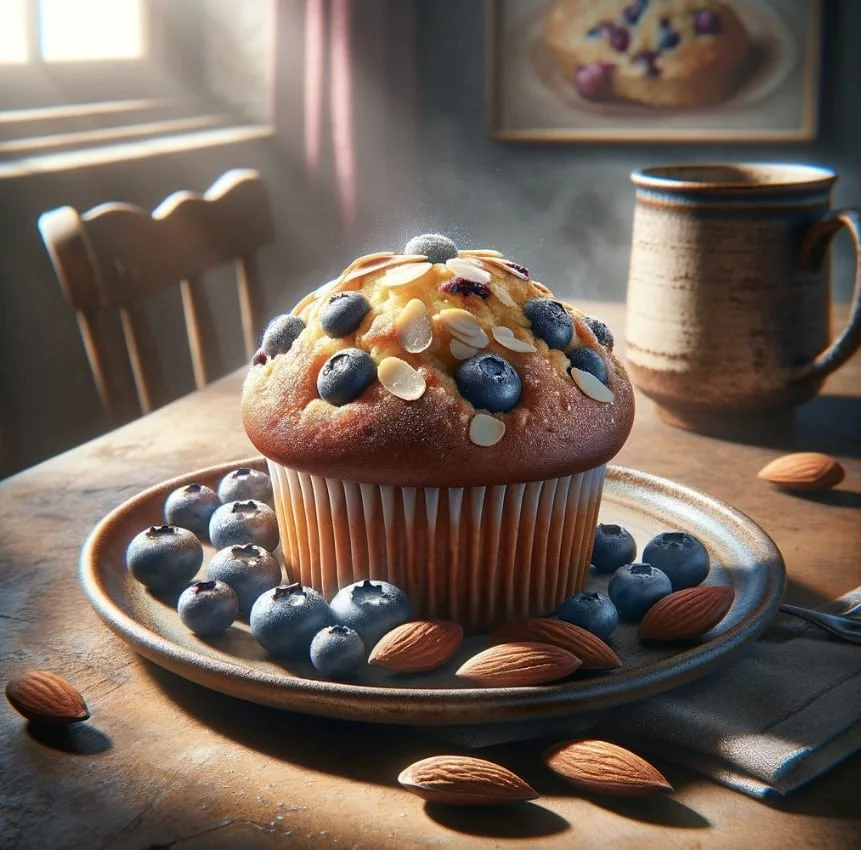Almond Crunch Blueberry Muffin on a ceramic plate in morning light with a coffee mug