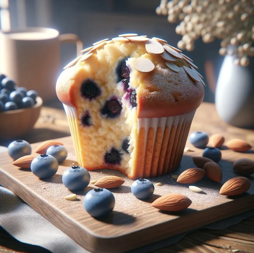 Almond Crunch Blueberry Muffin with a bite taken out on a wooden board with almonds