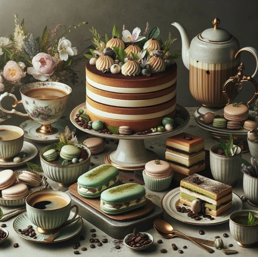 A selection of tea-flavored desserts including macarons and layered cakes, displayed with a cup of tea and a vintage teapot