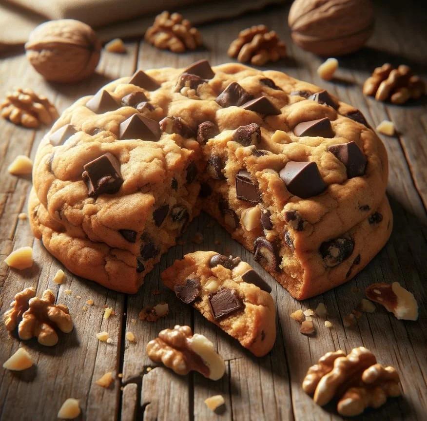A close-up of a Chocolate Chip Walnut Cookie with chunks of walnuts and melted chocolate