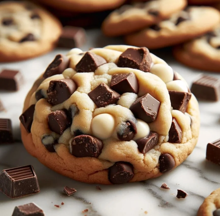 A decadent cookies and cream cookie with melted chocolate chips and cookie chunks, ready to enjoy