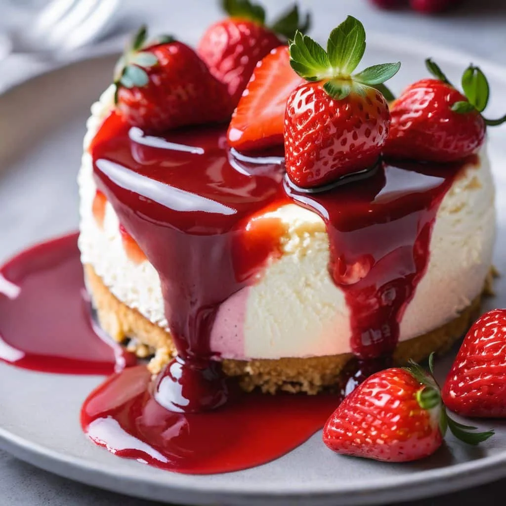 Close-up of a creamy cheesecake slice with a dripping strawberry sauce and fresh berries