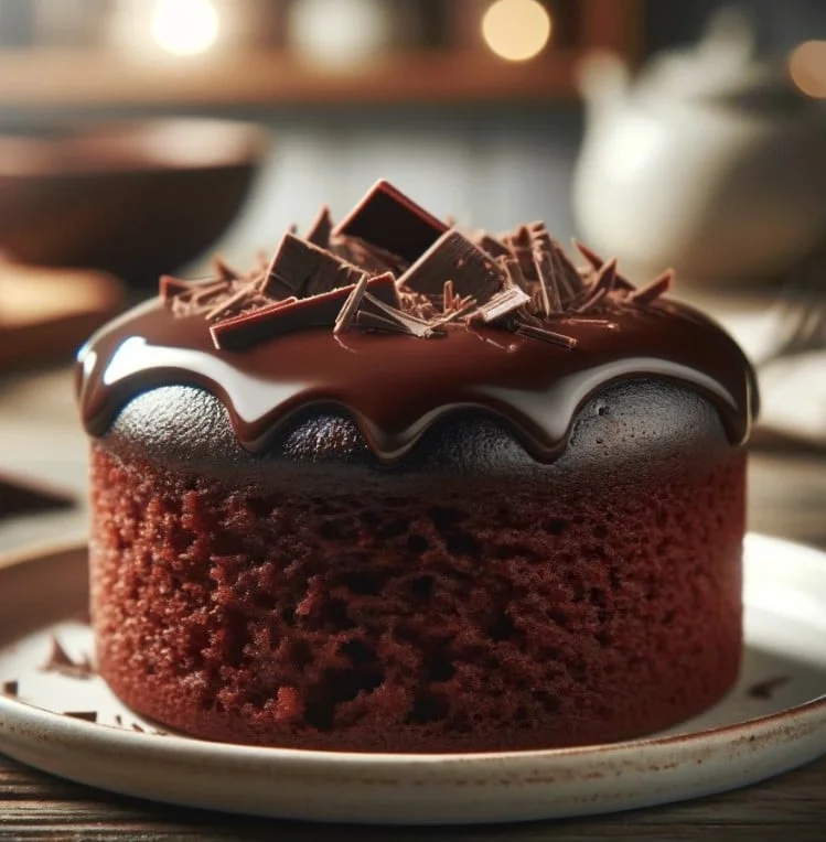 Moist mini chocolate cake topped with a rich chocolate ganache and chocolate shavings on a decorative plate