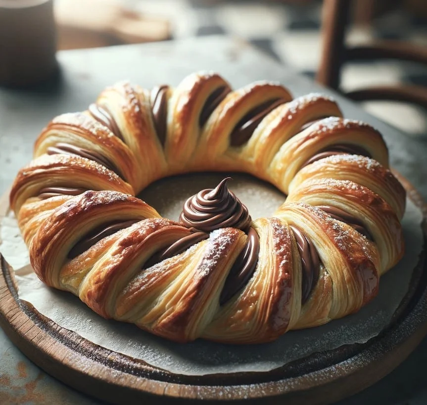 A beautifully baked Nutella pastry wreath garnished with a Nutella swirl in the center