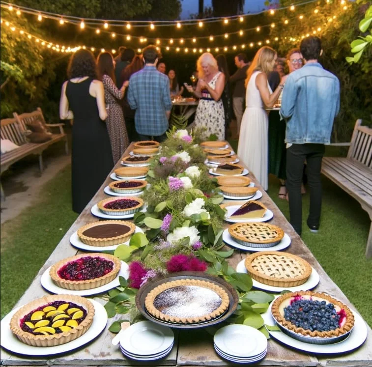Guests enjoy a variety of creative pies at a garden pie tasting event adorned with string lights