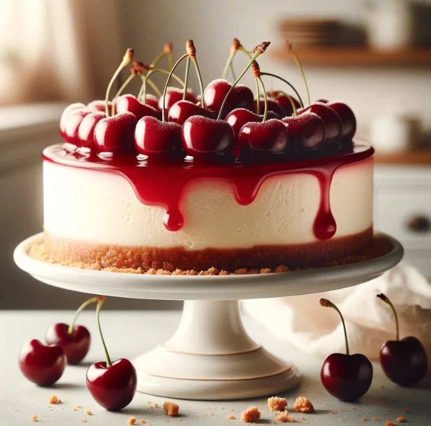 Cherry Cheesecake with dripping topping on white stand with cherries and crumbs around