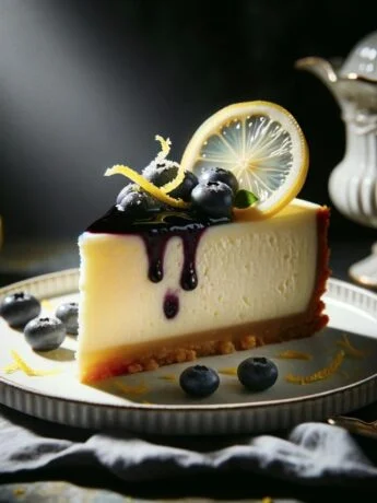 Elegant slice of Blueberry Lemon Cheesecake with lemon zest on fine china, showcasing luxurious layers