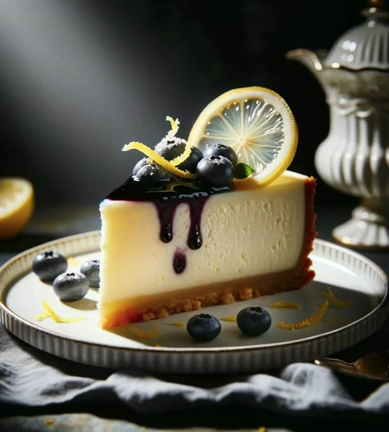 Elegant slice of Blueberry Lemon Cheesecake with lemon zest on fine china, showcasing luxurious layers