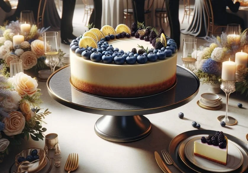 Exquisite Blueberry Lemon Cheesecake on a modern stand, featured at a sophisticated dessert reception