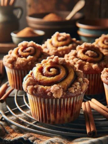 Golden-brown muffins with cinnamon swirls on a rack, cinnamon sticks and wooden spoon nearby