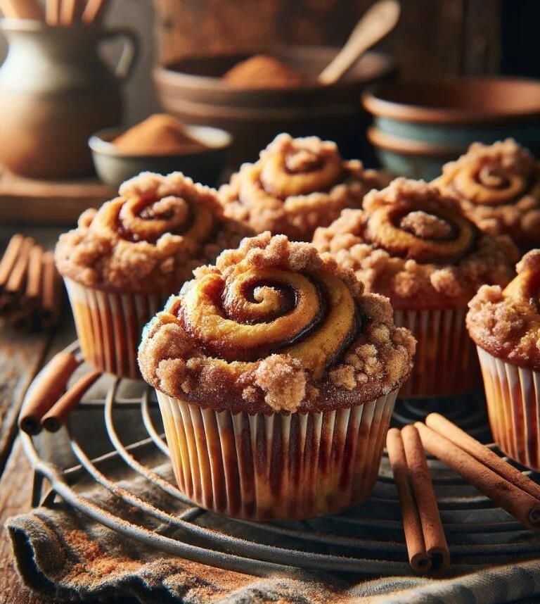 Golden-brown muffins with cinnamon swirls on a rack, cinnamon sticks and wooden spoon nearby