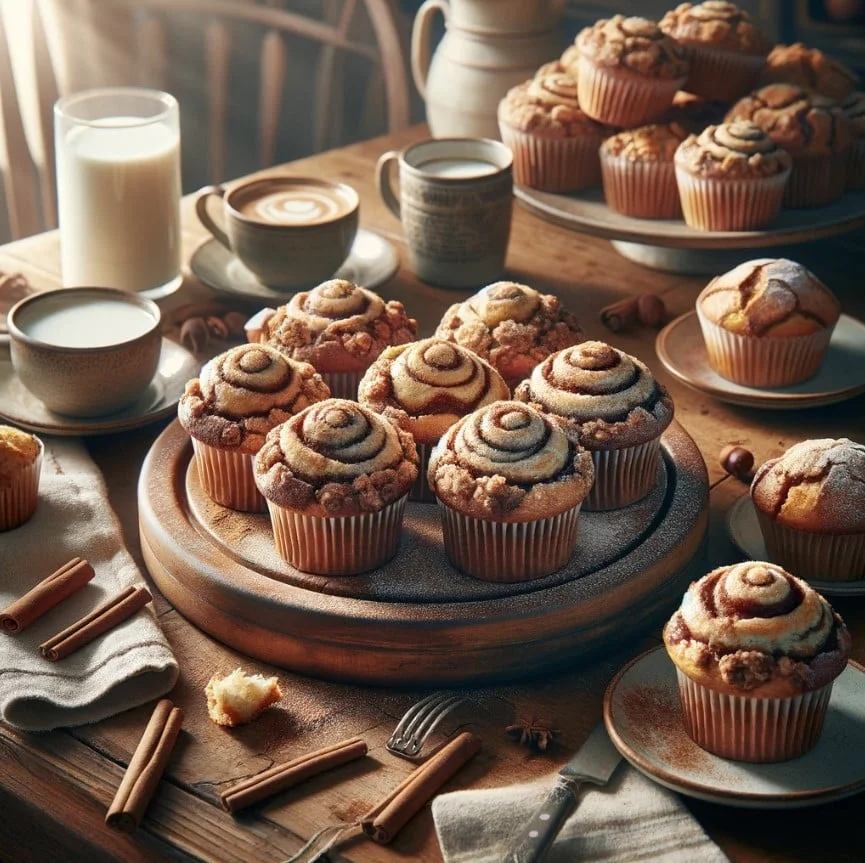 Cinnamon Swirl Muffins on a wooden platter, coffee and milk on the side, ready for sharing