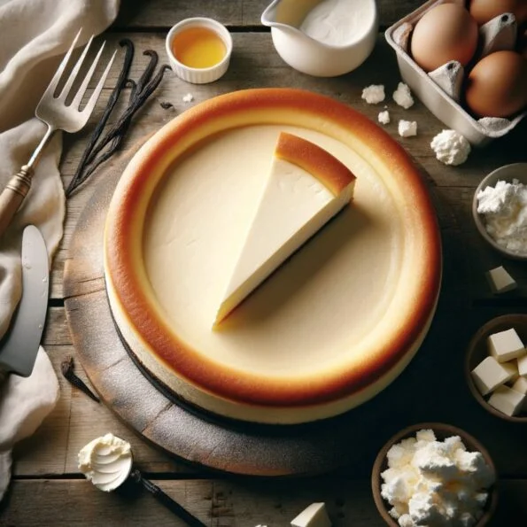 Top-down view of New York Cheesecake on a wooden table with ingredients like cream cheese and eggs
