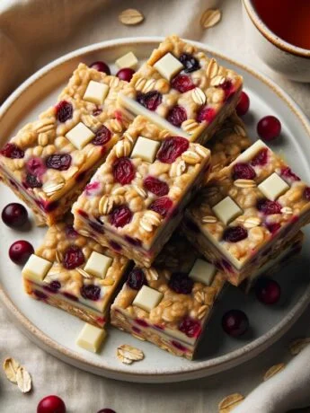 Cranberry White Chocolate Oat Bars on a plate beside tea, with scattered cranberries.