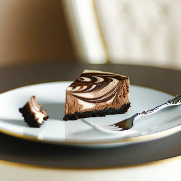Chocolate Swirl Cheesecake slice on a gold-rimmed white plate with a fork, highlighting the rich swirl detail