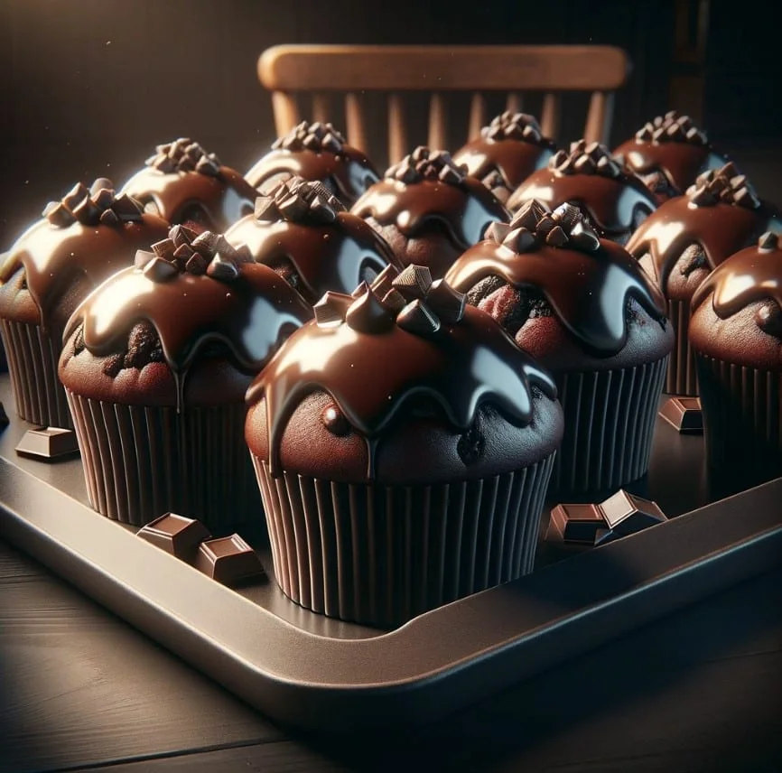 Triple Chocolate Muffins on a tray with a dark moody backdrop