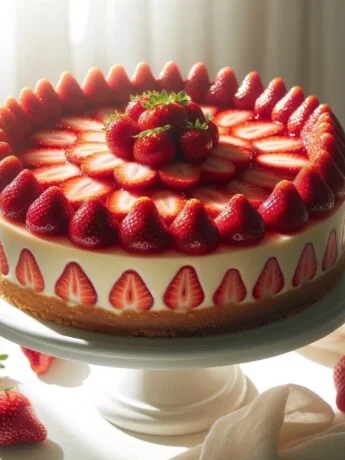 Whole Strawberry Cheesecake on a white stand, bathed in sunlight with fresh strawberries