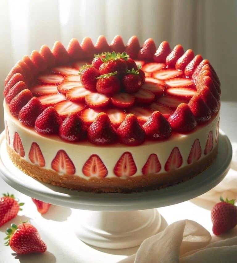 Whole Strawberry Cheesecake on a white stand, bathed in sunlight with fresh strawberries