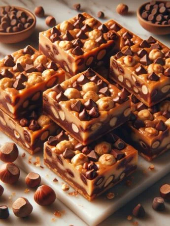 A stack of Hazelnut Chocolate Chip Bars drizzled with caramel on a marble counter, surrounded by hazelnuts and chocolate chips