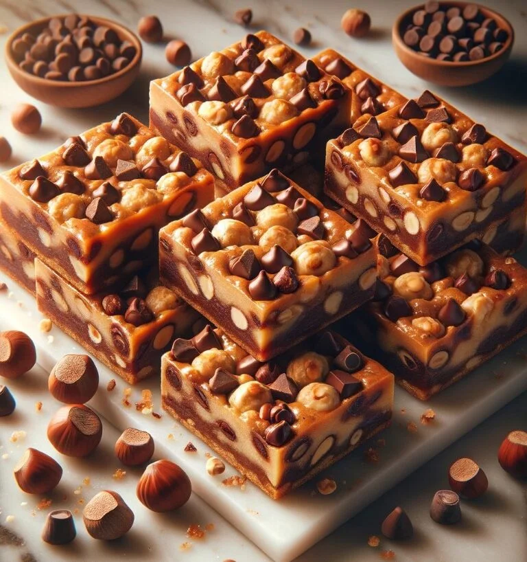 A stack of Hazelnut Chocolate Chip Bars drizzled with caramel on a marble counter, surrounded by hazelnuts and chocolate chips