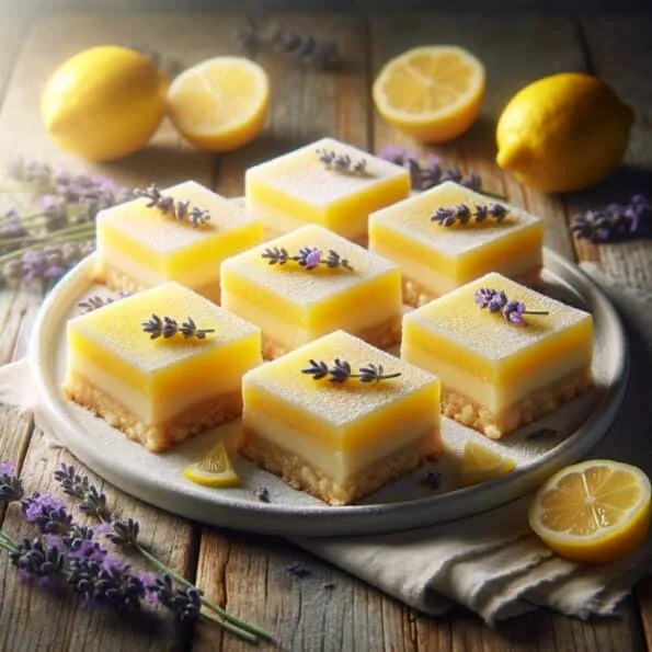 Lemon Lavender Bars on plate with lemons and flowers