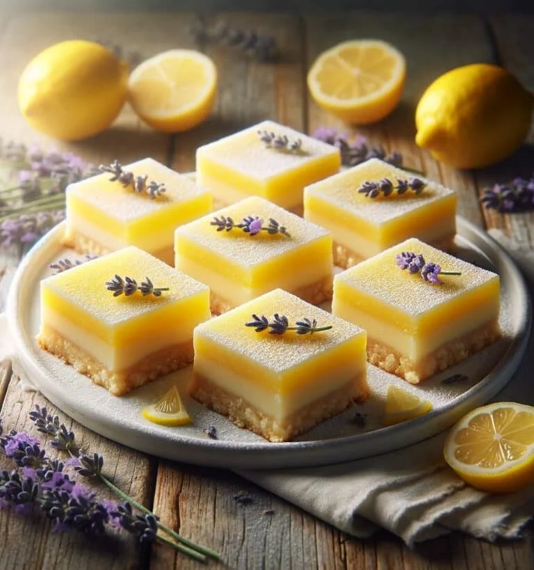 Lemon Lavender Bars on plate with lemons and flowers