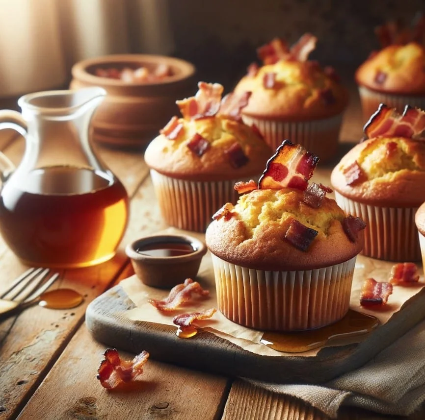 Maple Bacon Muffins with syrup jug on a wooden table