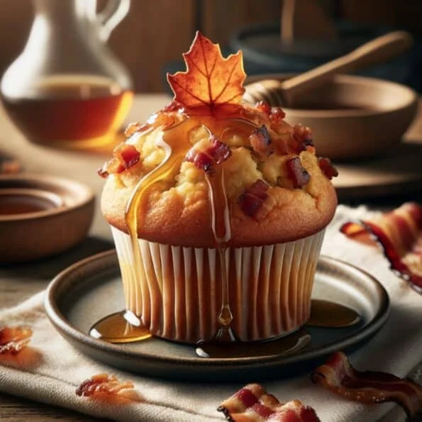 Close-up of Maple Bacon Muffin with syrup drizzle
