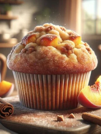Close-up of a Peach Cobbler Muffin dusted with cinnamon sugar, peach wedge aside