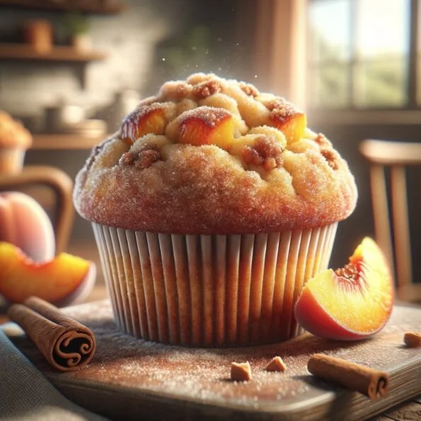 Close-up of a Peach Cobbler Muffin dusted with cinnamon sugar, peach wedge aside