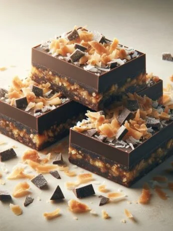 Stacked chocolate coconut bars on a light surface with shavings