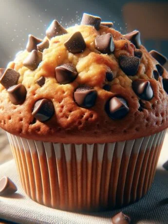 A close-up of a freshly baked chocolate chip muffin with melty chips on a kitchen counter