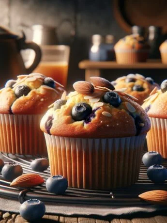 Almond Crunch Blueberry Muffins on a rack with a pot of tea and fresh blueberries