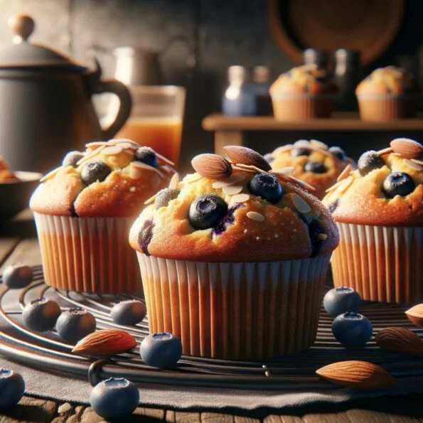 Almond Crunch Blueberry Muffins on a rack with a pot of tea and fresh blueberries