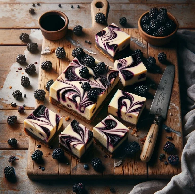 Artisan blackberry cheesecake bars with balsamic on a cutting board