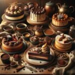 An array of coffee-infused cakes and desserts, artfully arranged on a wooden table with coffee beans and spices