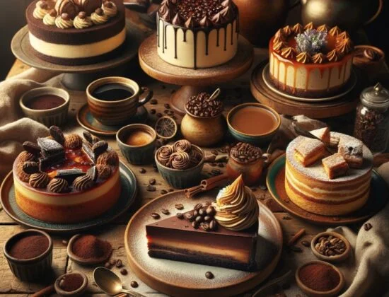 An array of coffee-infused cakes and desserts, artfully arranged on a wooden table with coffee beans and spices