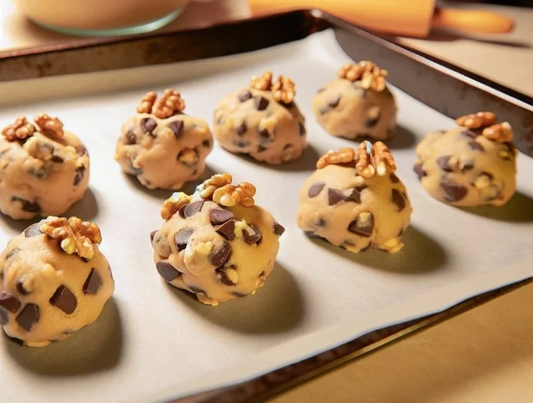 Chocolate Chip Walnut Cookie dough balls topped with walnuts on a baking tray