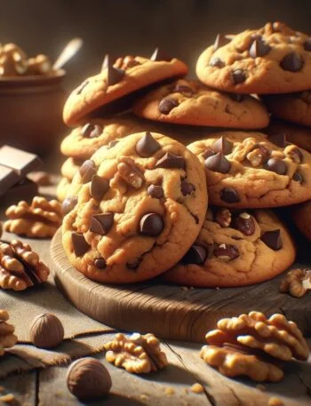 A stack of Chocolate Chip Walnut Cookies on a wooden board with nuts and chocolate pieces