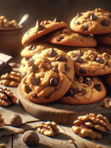 A stack of Chocolate Chip Walnut Cookies on a wooden board with nuts and chocolate pieces