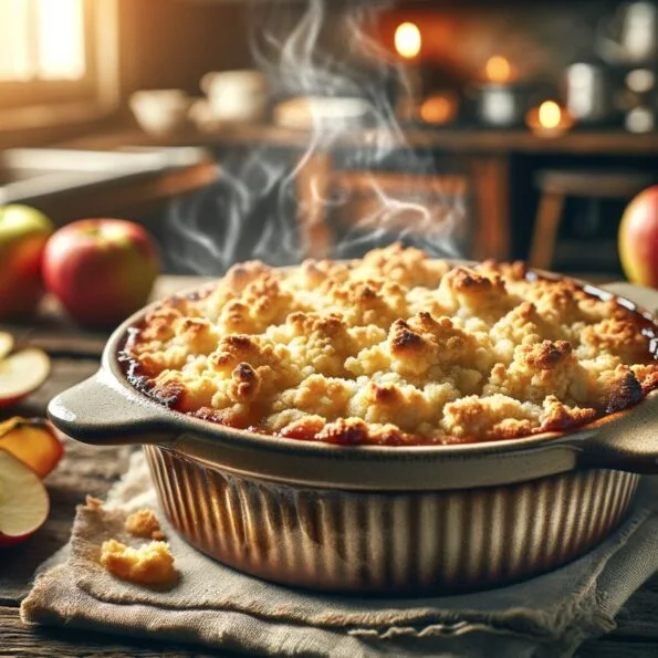 Golden-brown apple crumble in a ceramic dish on a wooden table with warm kitchen ambiance