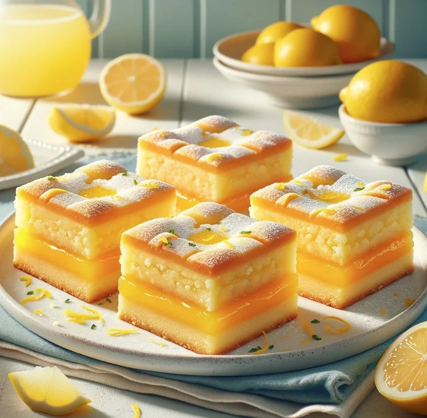Stacked lemon bars on a plate with lemonade pitcher