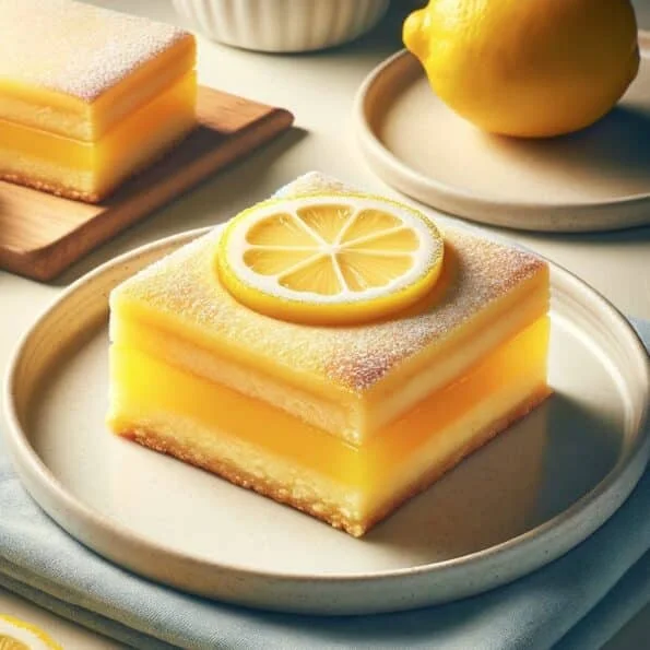 Single lemon shortbread bar with lemon slice garnish